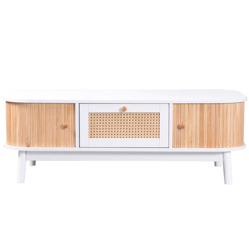 Couchtisch - Rattan-Kaffeetisch, Schubladen mit Rattan und Schiebetüren mit Massivholzlatten, Massivholzbeine, Natürlicher Landhausstil.