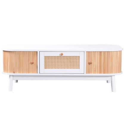 Couchtisch - Rattan-Kaffeetisch, Schubladen mit Rattan und Schiebetüren mit Massivholzlatten, Massivholzbeine, Natürlicher Landhausstil.