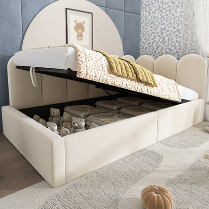 Polsterbett Daybett 90x190 cm,Tagesbett Schlafsofa mit hydraulischem Stauraum, Kinderbett mit Metall-Lattenrost, Samt, Beige, ohne Matratze