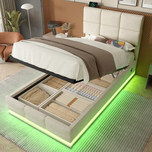 90x200 cm Modernes Velours-Polsterbett mit höhenverstellbarem Kopfteil - Inkl. USB/Type-C-Anschlüssen, LED-Ambientebeleuchtung, hydraulischem Lift-System & XXL-Stauraum (ohne Matratze) - Beige