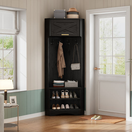 Garderoben-Set Moderner Garderobenschrank, Flurgarderobe, 4 hängenden Haken Schwarz,Maße: B53/ /53/H180 cm
