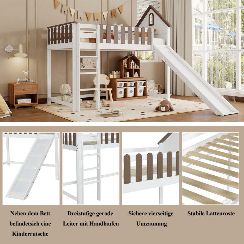 Hochbett, Mit Dach und Fenster, Mit dreistufiger gerader Leiter, Jugendbett, Kinderbett mit Rutsche,  Kiefer+MDF, Weiß+Walnuss, 90x200cm