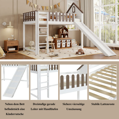 Hochbett, Mit Dach und Fenster, Mit dreistufiger gerader Leiter, Jugendbett, Kinderbett mit Rutsche,  Kiefer+MDF, Weiß+Walnuss, 90x200cm