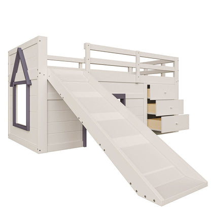 90 x 200 niedriges Hochbett mit Rutsche, drei Schubladen und zwei Türen, Creme