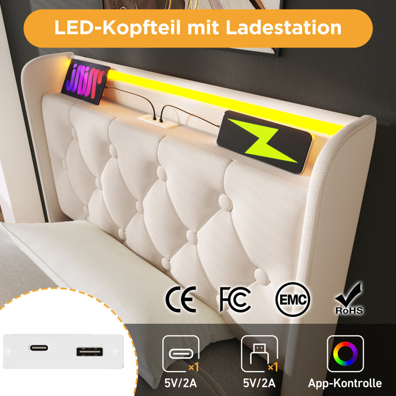 Polsterbett einzelbett, 360-Surround-LED-Funktion, Drucktaste/App/Fernbedienung, 90*200 cm, weiß PU-Material Hydraulisches Lagerbett, gepolstertes Kopfteil mit USB Typ-C Ladefunktion (Mit Matratze)