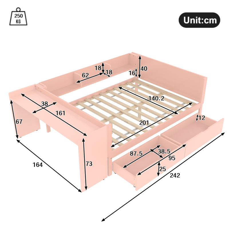 Flachbett, Holzbett, 140x200cm, mit Schreibtisch, ausgestattet mit 2 Schubladen, Doppelbett(Ohne Matratze), mit Regalen, Kiefer + Spanplatte, Rosa