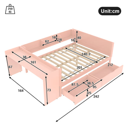 Flachbett, Holzbett, 140x200cm, mit Schreibtisch, ausgestattet mit 2 Schubladen, Doppelbett(Ohne Matratze), mit Regalen, Kiefer + Spanplatte, Rosa