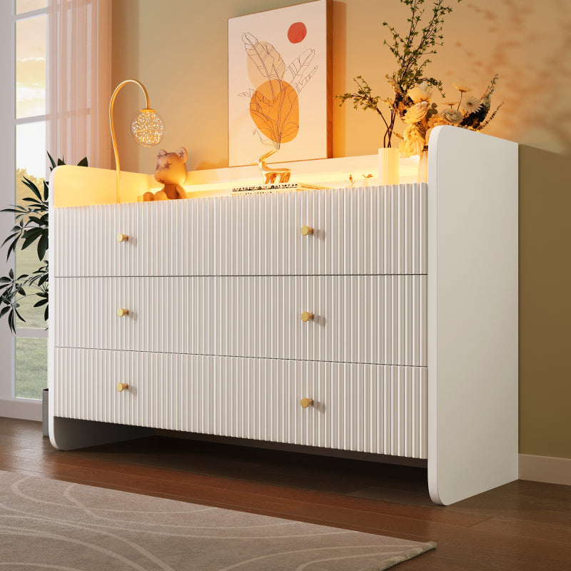 Sideboard, Kommode mit LED-Beleuchtung und 6 Schubladen, Wellenförmiges Rillendesign, Moderner Schrank für Wohnzimmer und Schlafzimmer, 120x40x75cm, Weiß