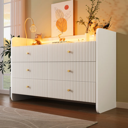 Sideboard, Kommode mit LED-Beleuchtung und 6 Schubladen, Wellenförmiges Rillendesign, Moderner Schrank für Wohnzimmer und Schlafzimmer, 120x40x75cm, Weiß