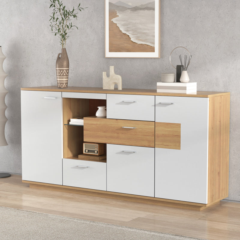 Modernes Sideboard-Schrank mit viel Stauraum, mit LED-Beleuchtung, 160x40x77cm, 2 Türen, 4 Schubladen, Glasablage, Holzoptik, Weiß,Wohnzimmermöbel, Organizer, Kommode, Mehrzweckschrank.