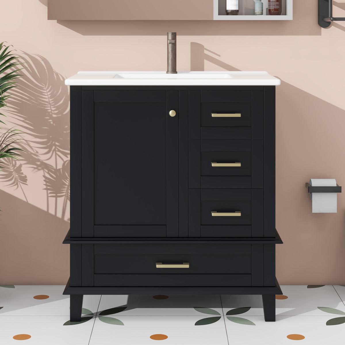 Badezimmerschrank 73x45,5x83,5 cm mit Keramikwaschbecken, 3 Soft-Close-Schubladen, Türregal, verstellbarem Fach, Schwarz