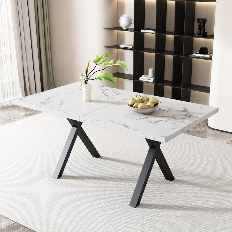 Esstisch, Design mit gekreuzten Beinen, Marmorstruktur, Schwarz und Weiß
