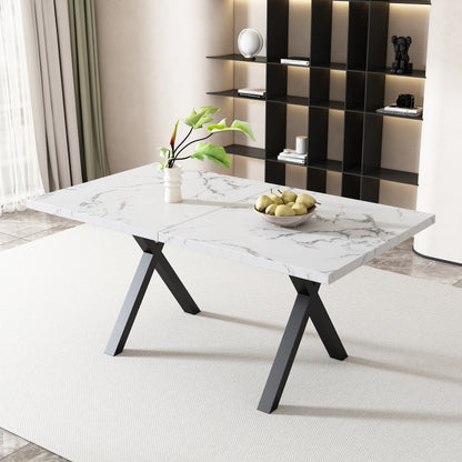 Esstisch, Design mit gekreuzten Beinen, Marmorstruktur, Schwarz und Weiß