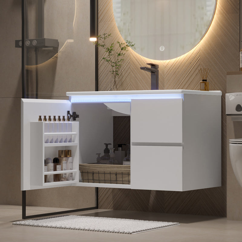 76x46x50cm wandhängend Badezimmerschränk, komplett lackiert, LED-Radarsensor-Beleuchtung, Waschtisch, zwei Schubladen, leise Gleitschienen, linke und rechte Ablage, integriertes Waschbecken, weiß