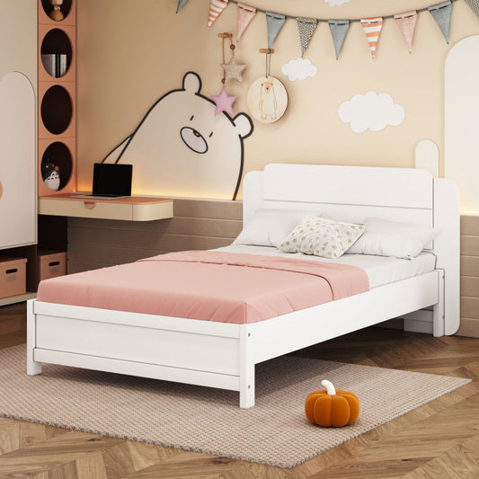 Holzbett 90*200 cm , Einzigartige und Minimalistische Form, Kopfteil mit Liniendesign, Kindereinzelbett, Weiß
