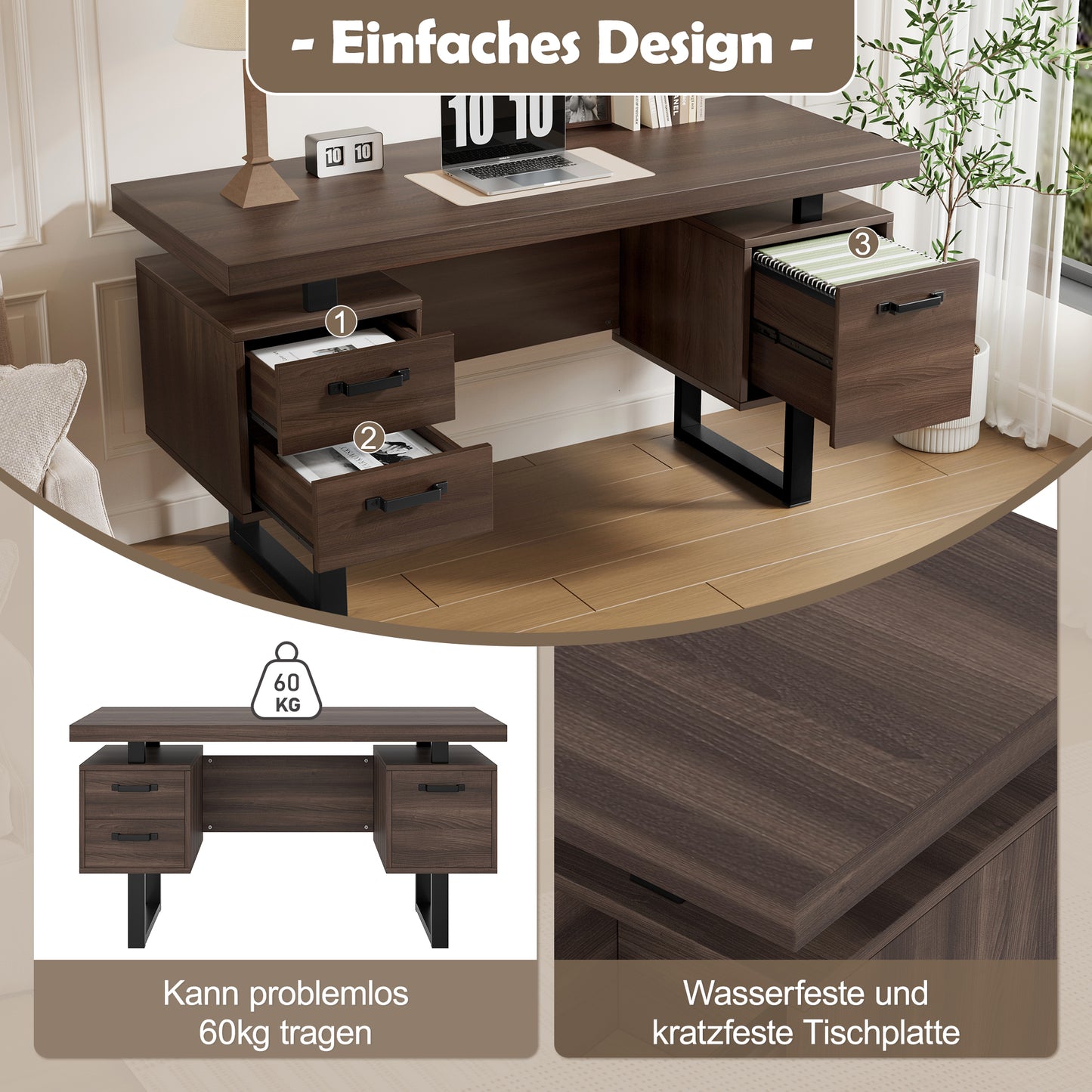 Einfacher Büro Schreibtisch, geräuschlose Schublade, Ordner Schublade, spritzwassergeschützte, geräumige Schreibtischplatte, effiziente Aufbewahrung, braun