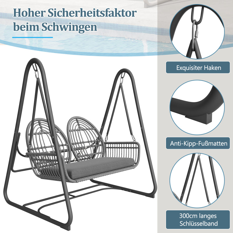 Gartenschaukel, Hollywoodschaukel mit Rückenlehne, Gartenmöbel-Set für den Außenbereich,Doppelschaukel aus PE-Rattan, 2 Sitze, Dunkelgrauer Sitzrahmen und Kissen