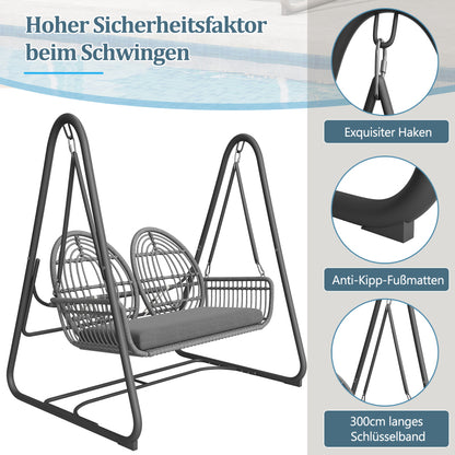 Gartenschaukel, Hollywoodschaukel mit Rückenlehne, Gartenmöbel-Set für den Außenbereich,Doppelschaukel aus PE-Rattan, 2 Sitze, Dunkelgrauer Sitzrahmen und Kissen