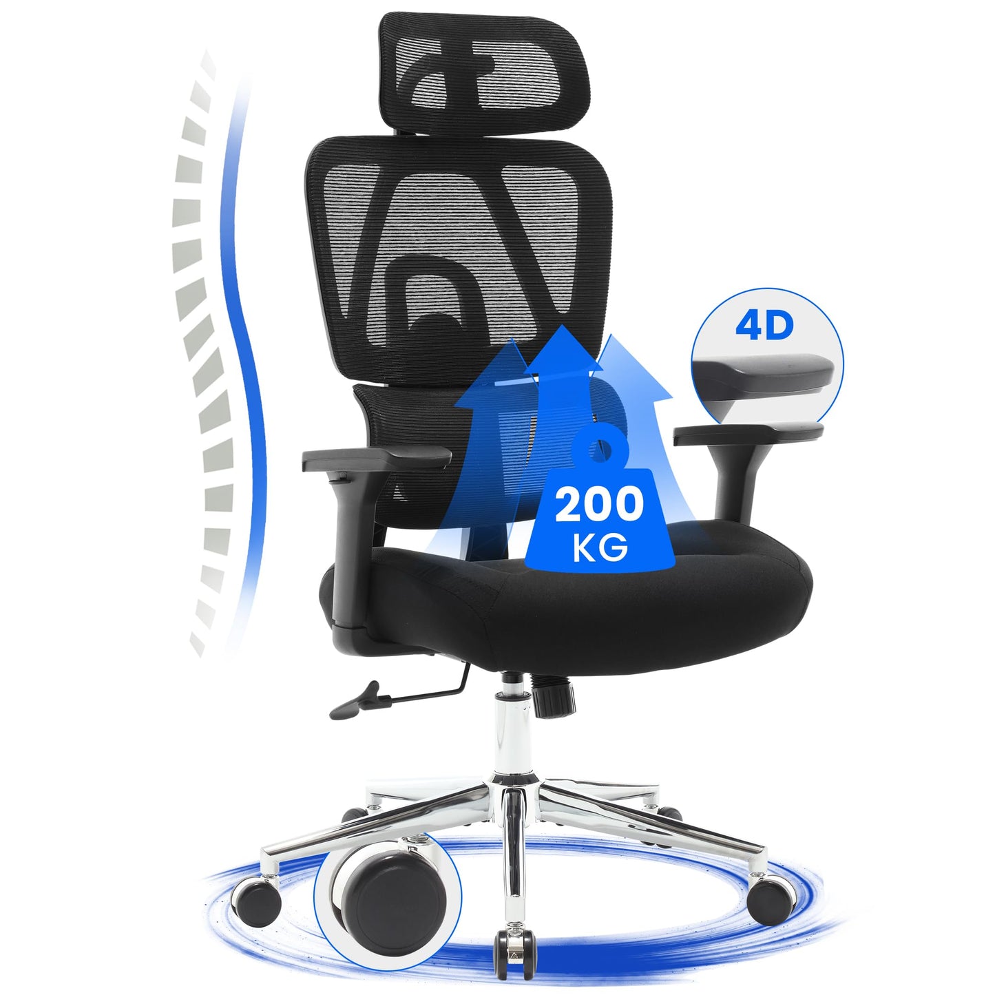 3D Ergonomischer Bürostuhl 200KG Großer und hoher Bürostuhl mit 3D Weiches Kissen 4D Armlehnen Schreibtischstuhl Mesh Bürostuhl für Haus und Büro Atmungsaktiver Netz-Chefsessel