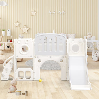Bären Kinder 6-in-1 Rutsche mit einer Rutsche, zwei Plattformen, zwei Bodenschrankfächern, Basketballkorb und Treppe - Hochdichtes Polyethylen (Ozeanbälle nicht enthalten