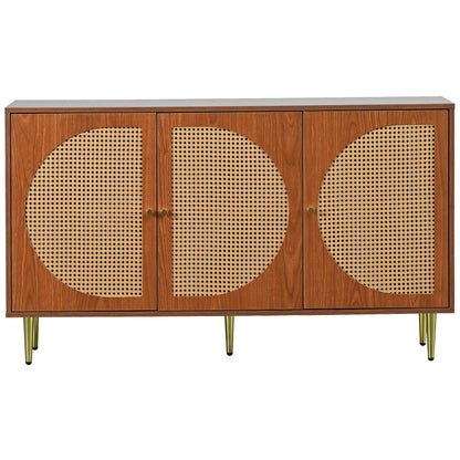 Sideboard mit 3 Rattan verzierten Türen Kommode Highboard mit Metallgriffe, für Schlafzimmer & Wohnräume & Büro, Nussbaum 129.8x 40x 76cm