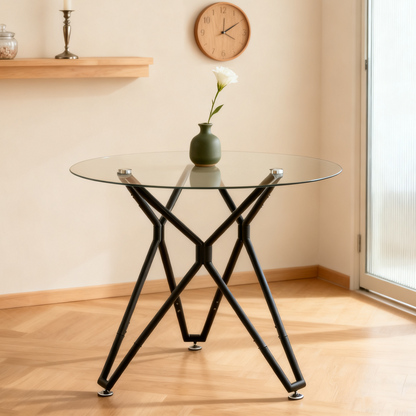 Esstisch Rund 90 cm Schwarz, Glastisch mit Gehärtetem Glas & Metallbeinen, Modernes Design