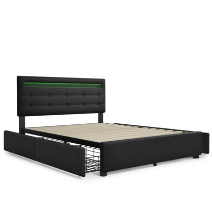 Polsterbett 140x200 cm Schwarz mit LED & 4 Schubladen - Doppelbett inkl. Lattenrost, Verstellbares Kopfteil & Stauraum (Ohne Matratze)