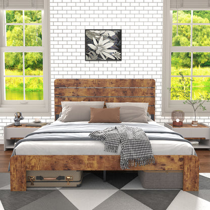 Holz Doppelbett, antikes Holz Bettgestell mit Eisen Lattenrost und hohem Kopfteil, mit Eisenrohrrahmen 160 x 200 cm