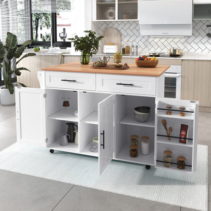 129x46(71)x91,5 cm großer Speisewagen/Sideboard, Arbeitsplatte mit Massivholzmaserung + Weiß Schrank/faltbare Arbeitsplatte/Aufbewahrungstür-Design/Räder/Massivholzfüße umschaltbar/für Zuhause geeig