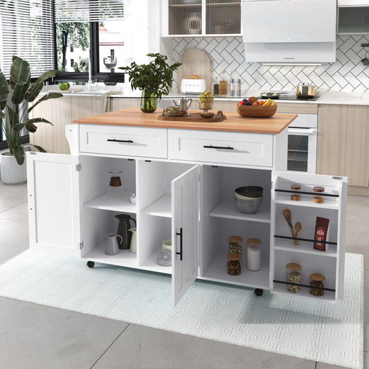 129x46(71)x91,5 cm großer Speisewagen/Sideboard, Arbeitsplatte mit Massivholzmaserung + Weiß Schrank/faltbare Arbeitsplatte/Aufbewahrungstür-Design/Räder/Massivholzfüße umschaltbar/für Zuhause geeig
