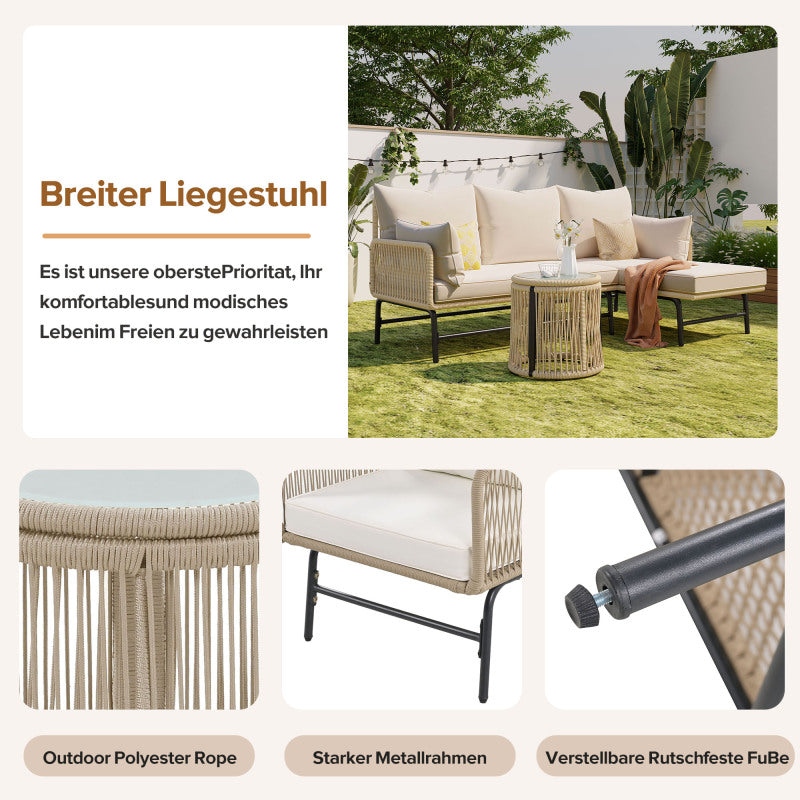 Gartenlounge-Set, Gartenmöbel-Set, Mit Eisenrahmen und beigem Seil, Gartenmöbel aus gewebtem Seil für den Außenbereich, Beige, Zwei Sessel, zwei 2-Sitzer-Sofas und zwei Tische (alle Kissen inklusive)