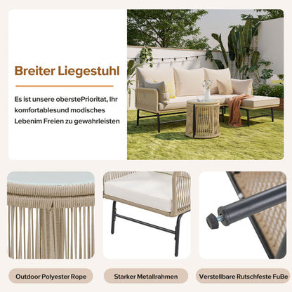 Gartenlounge-Set, Gartenmöbel-Set, Mit Eisenrahmen und beigem Seil, Gartenmöbel aus gewebtem Seil für den Außenbereich, Beige, Zwei Sessel, zwei 2-Sitzer-Sofas und zwei Tische (alle Kissen inklusive)