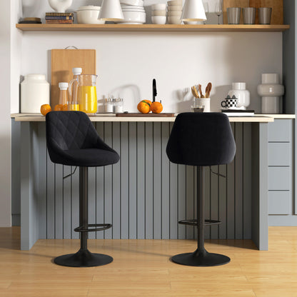 Barhocker 2er-Set Höhenverstellbar Schwarz Bistrohocker mit Fußstütze und Rückenlehne aus Samt & Metall