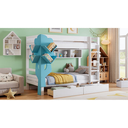 Etagenbett, Kreatives Kinderbett, Bücherregal in Baumform, Offenes Regal, Zwei Schubladen mit Rollen, Mit Fallschutzgitter, Reichlich Stauraum, Kiefer+MDF, Weiß+Blau, 90x200cm