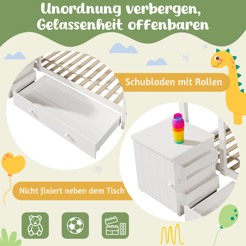 Hausbett Kinderbett 90x200 cm aus Massivholz mit Schubladen & abnehmbarem Nachttisch - Bodenbett in Weiß, ohne Matratze