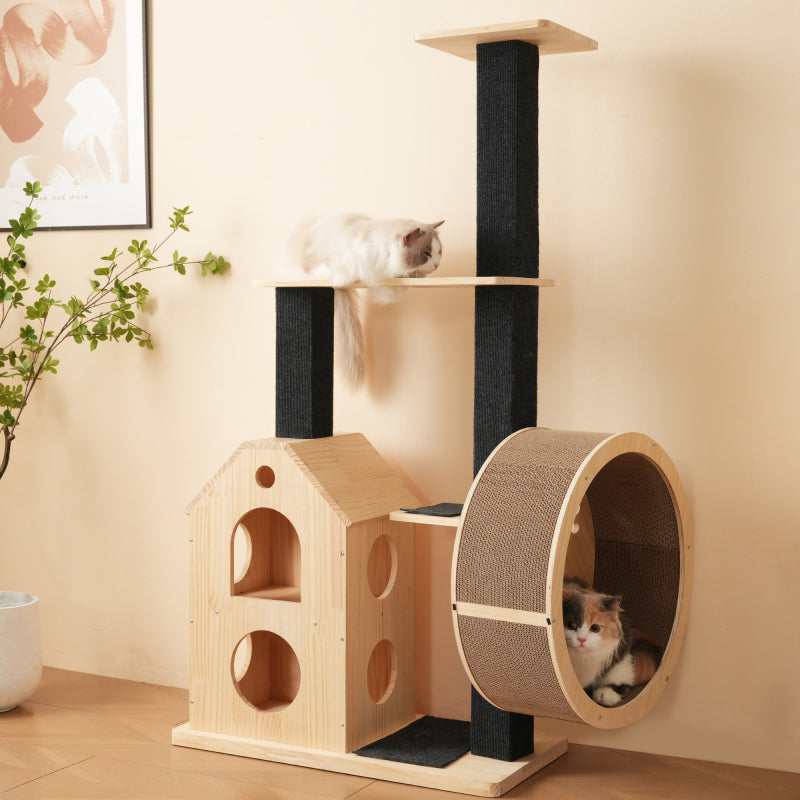 Katzenbaum aus Massivholz mit Laufrad mit 4 Plattformen, 2 Katzenhäusern, Sisalpfosten & waschbaren Kratzmatten, 80×40×152 cm