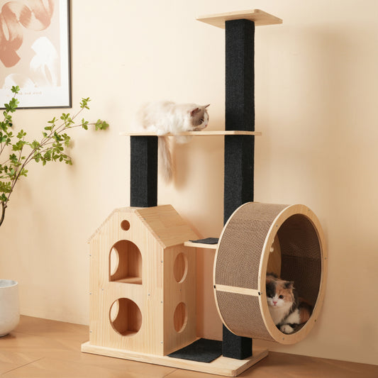 Katzenbaum aus Massivholz mit Laufrad mit 4 Plattformen, 2 Katzenhäusern, Sisalpfosten & waschbaren Kratzmatten, 80×40×152 cm