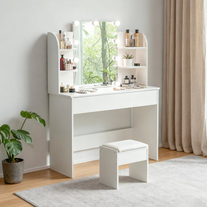 Schminktisch Frisiertisch Kosmetiktisch mit Hocker LED-Beleuchtung Spiegel Weiß