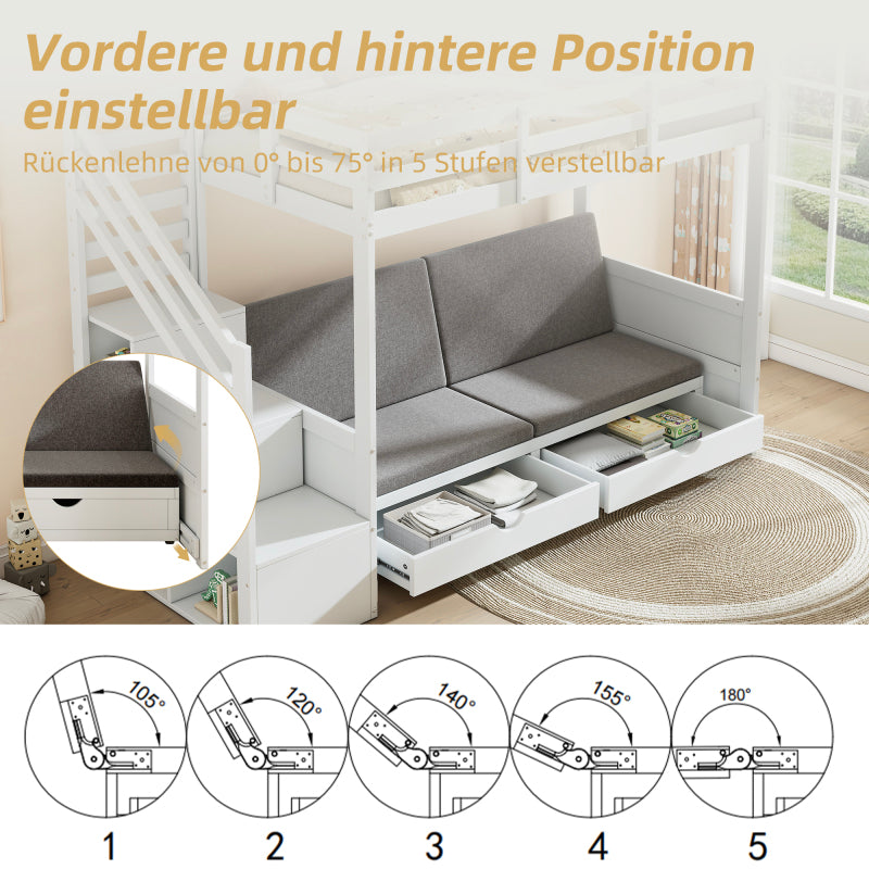 Kinder-Etagenbett, Doppelbett, multifunktionales Kinderbett,Mit Treppenschrank und 2 Schubladen, ohne Matratze, Die untere Ebene als Bett oder Sofa genutzt und enthält Kissen , weiß, 90*200