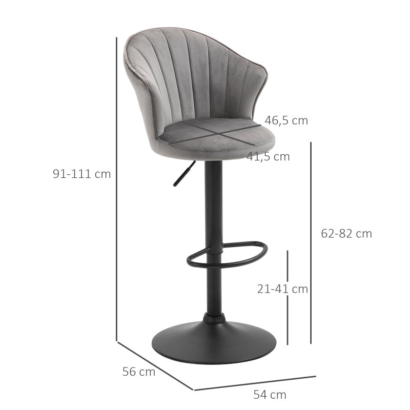 2er-Set Barhocker drehbare Barstühle mit Lehne höhenverstellbar Samt Touch grau, armlos, 51,5x57,5x93-114,5cm für Küche & Bar