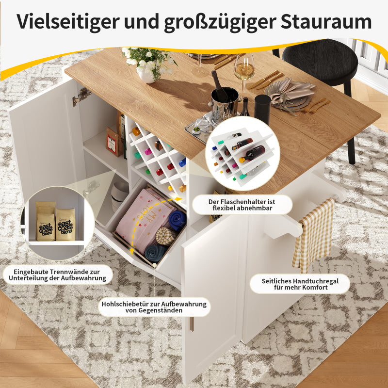 Kücheninsel mit herausnehmbaren Trennwänden, Küchenschrank, Esszimmerwagen mit Arbeitsplatte, Buffetschrank, Esszimmerwagen mit Holzmaserung, seitlicher Handtuchhalter mit Flaschenhalter, weiß