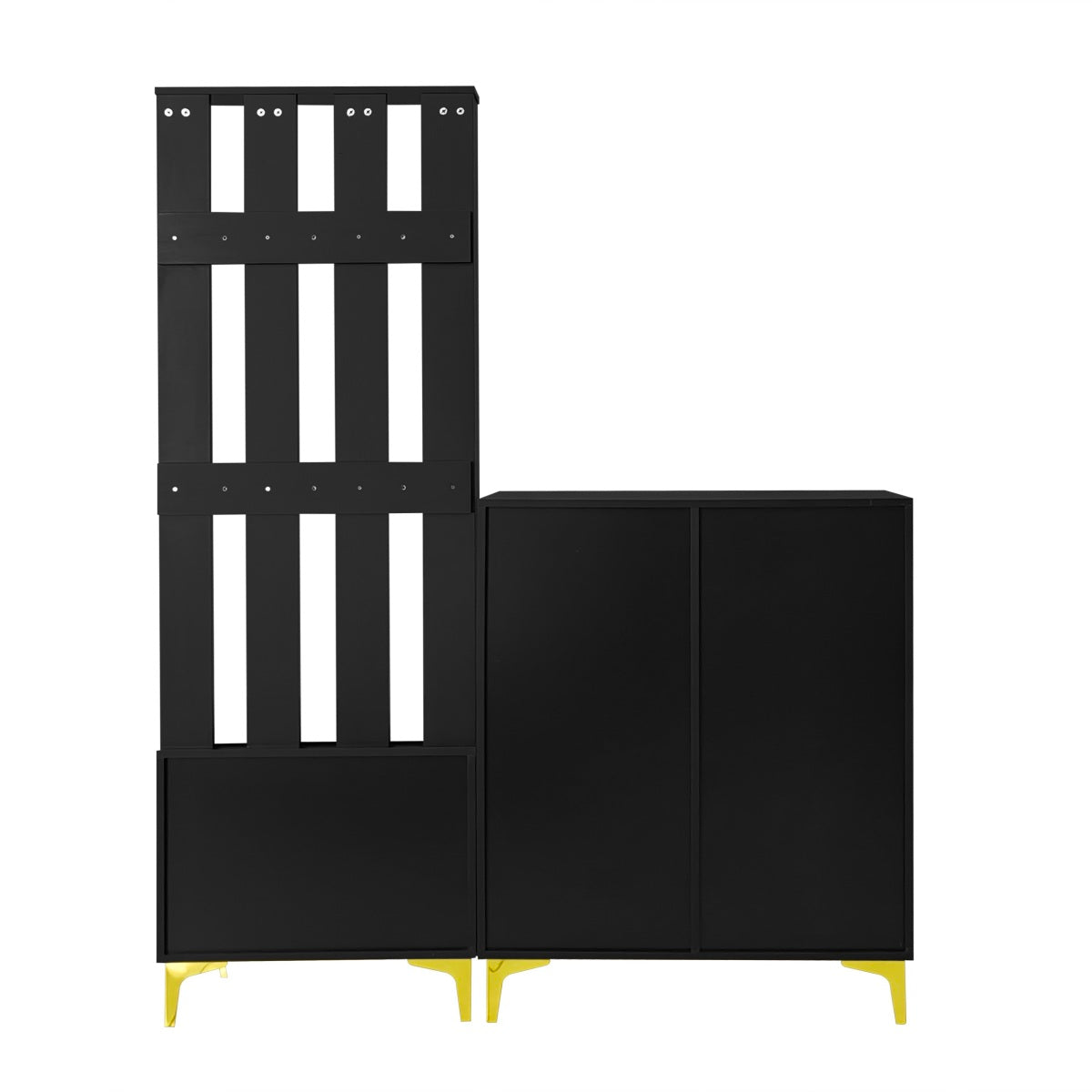 Garderoben-Set mit Schuhschrank & Sitzbank, Wellenfront, Push-to-Open, goldene Haken & Füße, Schwarz