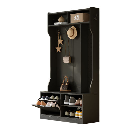 Garderobenset, Komplett-Set Flurgarderobe mit Sitzbank, 6 Haken, 1 Türen & 4 Offener Lagerraum, Schwarz