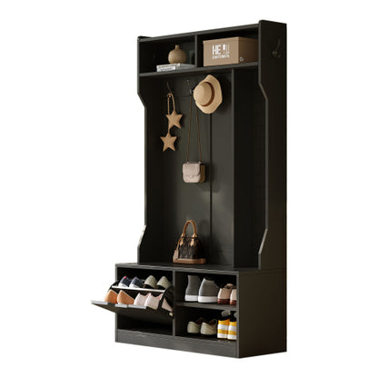 Garderobenset, Komplett-Set Flurgarderobe mit Sitzbank, 6 Haken, 1 Türen & 4 Offener Lagerraum, Schwarz