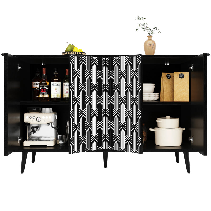 Esszimmerschrank (120×35×78cm), Esszimmer- und Wohnzimmer-Aufbewahrungsschrank, einzigartiges Schranktürdesign, freistehender Schrank, Antidumping, Fischgrätenmuster, geschnitzte Tür, schwarz
