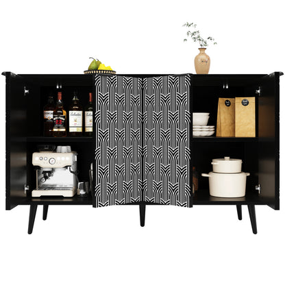 Esszimmerschrank (120×35×78cm), Esszimmer- und Wohnzimmer-Aufbewahrungsschrank, einzigartiges Schranktürdesign, freistehender Schrank, Antidumping, Fischgrätenmuster, geschnitzte Tür, schwarz