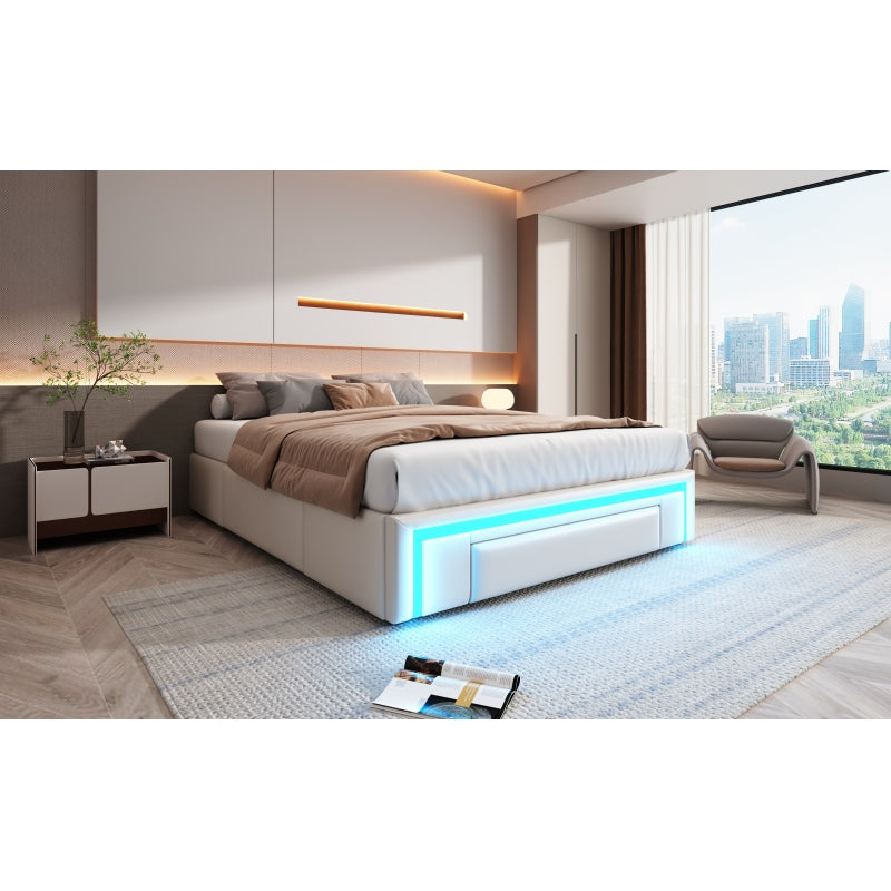 Bettgestell 140X200 mit Schubladen, PU-Leder Bett ohne Kopfteil Mit LED-Lichtleiste, MetalllattenPlattformbett für moderne Schlafzimmer Beige