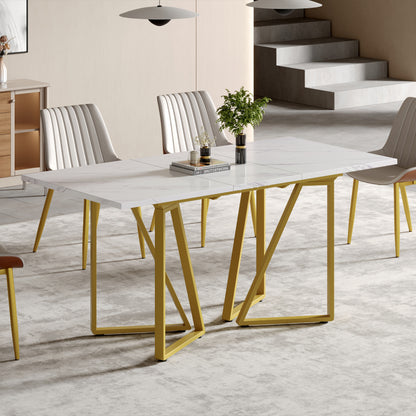 Moderner Esstisch mit Marmor-Muster, erweiterbar, Weiß+Gold