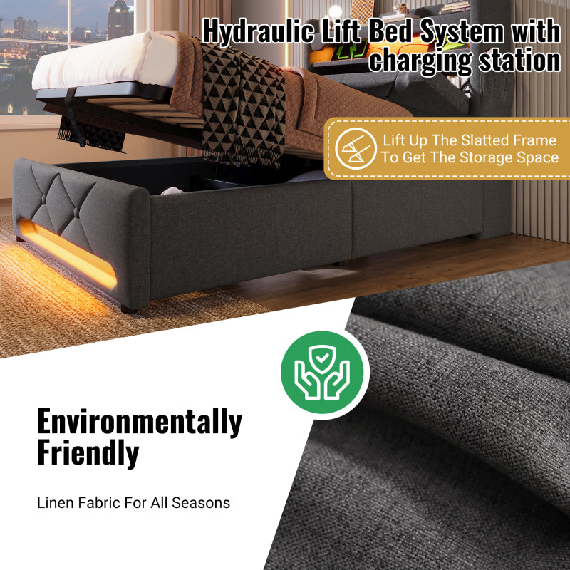 Polsterbett Doppelbett 180*200, Stauraum Kopfteil mit USB und Typ C-Port ,360-Surround-LED-Funktion rund um Kopf- und Fußende des, Betten mit Hydraulisch Stauraum, Grau , Leinen(Ohne Matratze)
