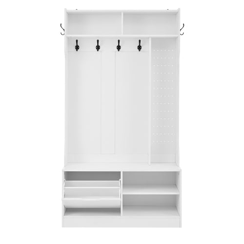 Garderobenset, Komplett-Set Flurgarderobe mit Sitzbank, 6 Haken, 1 Türen & 4 Offener Lagerraum, Weiß